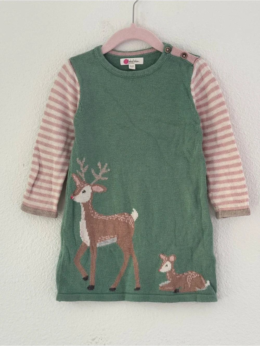 Baby Boden Green Knit Dress with Pink Stripe Sleeves